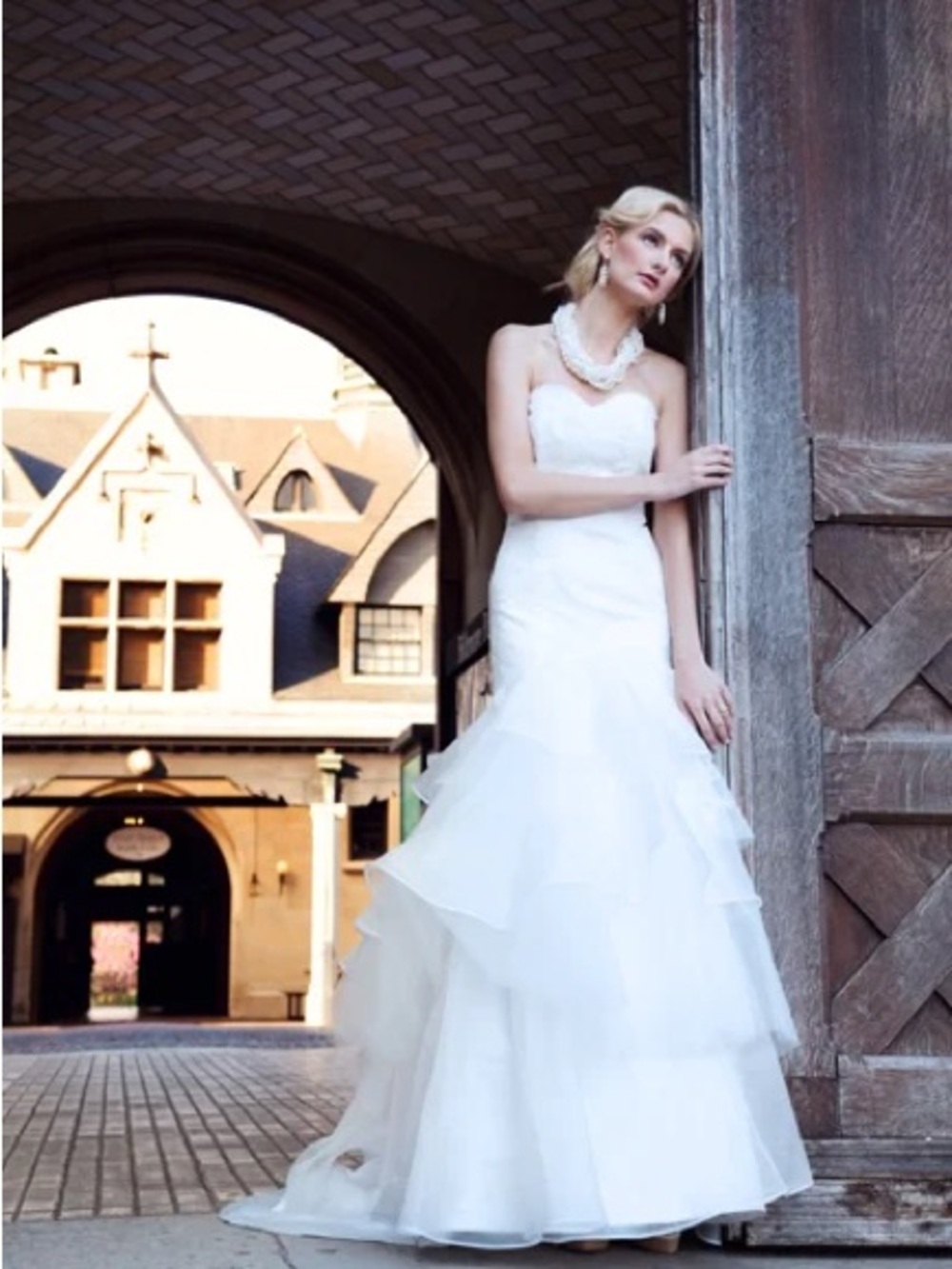 Mestiza Wedding 
Sample Long White Tiered Bridal Gown